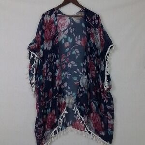 Riah Womens Boho Kimono Coverup Cardigan One Size‎ Floral Print Tassel Fringe